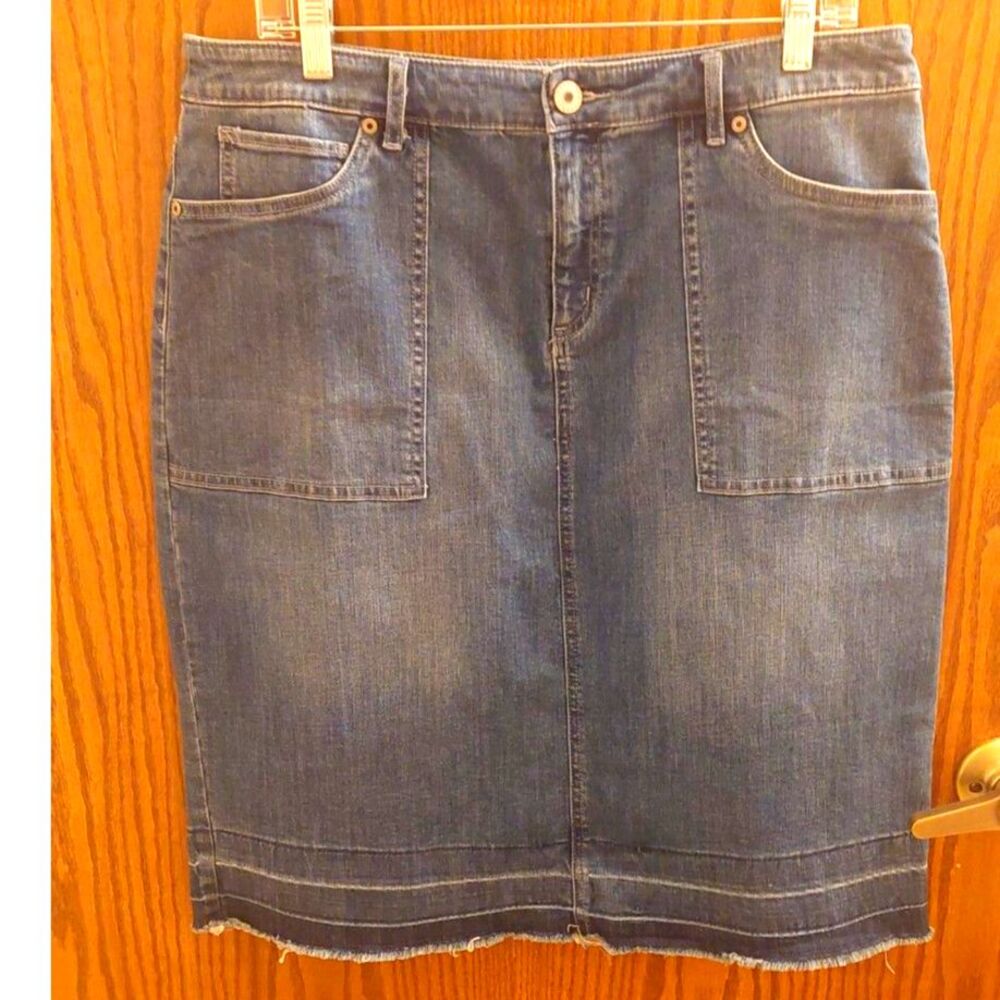 Christopher & Banks Denim Skirt 14P Petite Frayed Raw Hem Utility Pocket Midi